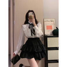 批发实拍~大码胖mm法式荷叶边白色长袖衬衫女春季新款高级感蓬蓬短裙