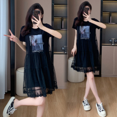 批发<b class='q'>欧洲站</b>2026夏季韩版宽松遮肉显瘦减龄休闲拼接网纱圆领<b class='q'>连衣裙</b>女