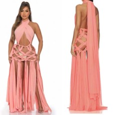 批发跨境欧美纯手工多样穿法性感绑带虾皮色连衣裙长裙<b class='q'>礼服</b><b class='q'>伴娘</b>服2024