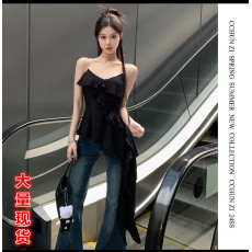 批发CCHUN ZI串珠<b class='q'>透明</b><b class='q'>肩带</b>黑色V领荷叶边斜下摆背心女夏设计感吊带