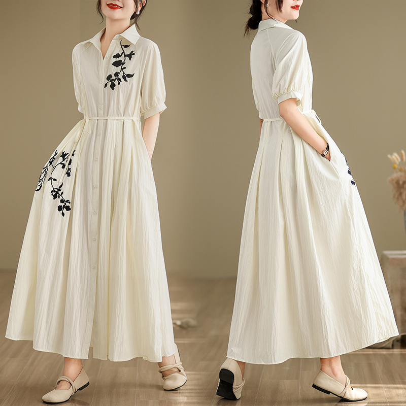 MY5083# 胖mm复古绣花单排扣宽松长款连衣裙女女裝貨源服裝批發