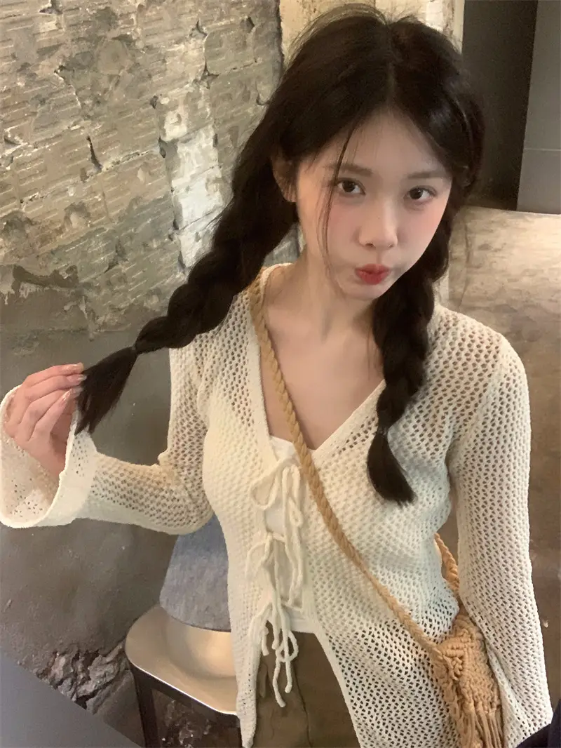 V넥 끈 디테일 가디건 상세 이미지 1