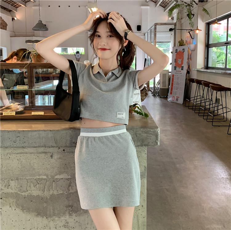 2024 summer new slim polo collar short top high waist hip skirt contrasting color two-piece suit for women