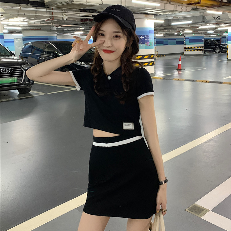 2024 summer new slim polo collar short top high waist hip skirt contrasting color two-piece suit for women