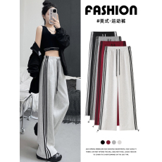 批发华棉复合牛奶丝<b class='q'>白</b>灰色条纹运动裤女春秋小个子阔腿直筒裤卫裤