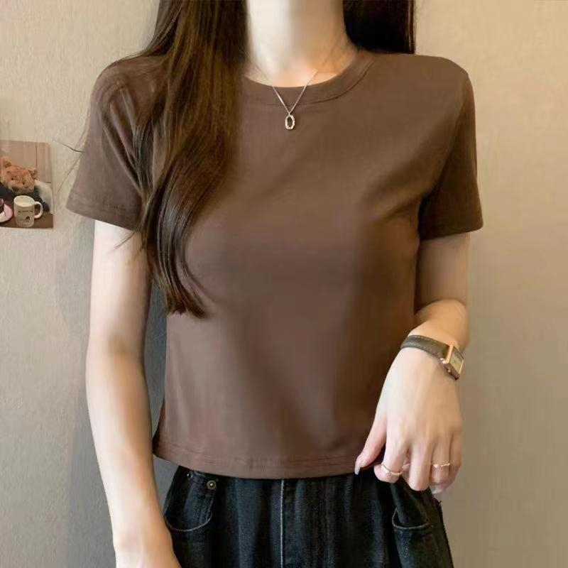 Quality 240g pure cotton threaded shoulder T-shirt women's short-sleeved summer slimming short top