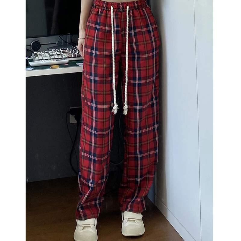 2024 floor mopping drawstring red plaid casual pants for women autumn retro loose straight wide leg pants