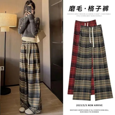 Plaid pants women's 2024 spring and summer new high-waisted loose casual slim wide-leg pants