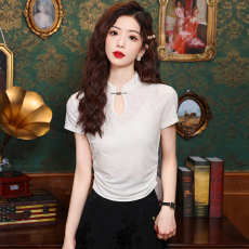 批发实拍2026新中式国风提花盘扣<b class='q'>旗袍</b>立领T恤女镂空设计感短款上衣