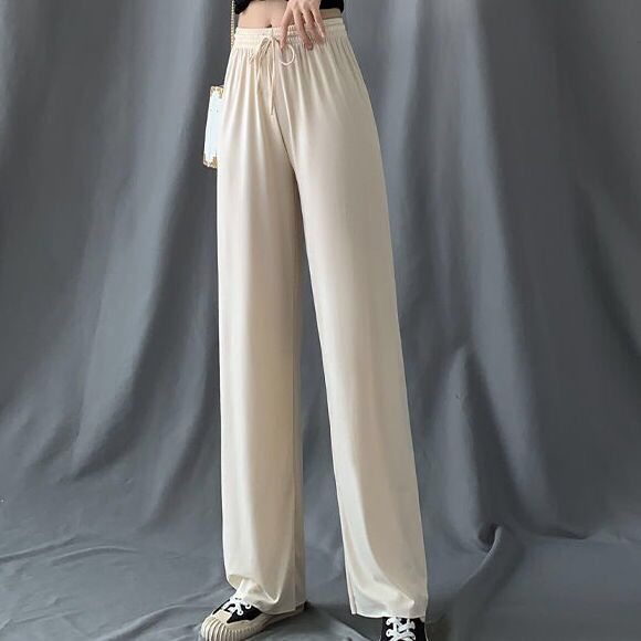 Ice silk wide-leg trousers for women in summer, loose, slim, high-waisted trousers, straight-leg trousers, casual floor-length trousers