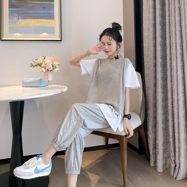 Sports and leisure suits for women 2024 new fake two-piece short-sleeved tops with leg-tie harem trousers summer two-piece set