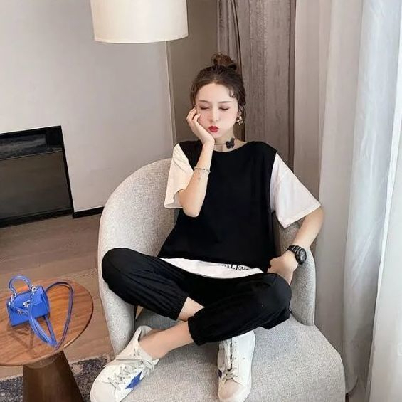 Sports and leisure suits for women 2024 new fake two-piece short-sleeved tops with leg-tie harem trousers summer two-piece set