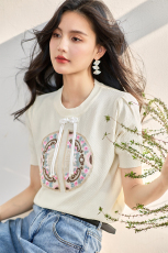 实拍◆现货◆夏季冰丝针织衫新中式中国风贴布刺绣短袖T恤上衣女