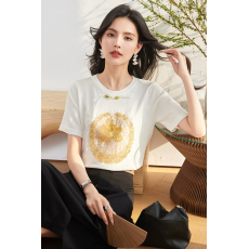 批发实拍◆◆国风刺绣拼色短袖针织衫女打底衫宽松百搭上衣