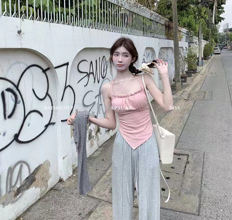 辣妹純欲風修身吊帶背心女性感掛脖美背加胸墊