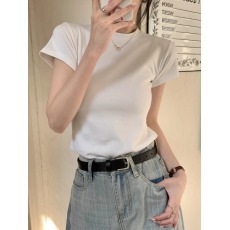 批发40支94棉精梳棉直播品质纯色T恤女新款圆领百搭小众修身短袖上衣