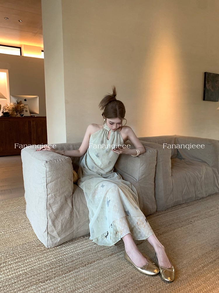 番茄俠 茶歇美人 新中式國風掛脖吊帶裙女春蝴蝶印花度假連衣裙