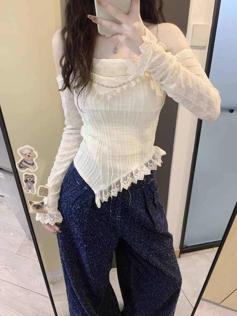 甜蝦派 SWEET YILIN設計感蕾絲衫鏈條春與拉美一字肩短上衣女