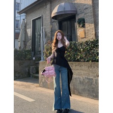 批发港式时尚穿搭<b class='q'>透明</b><b class='q'>肩带</b>荷叶边吊带连衣裙女夏季修身显瘦不规则上衣