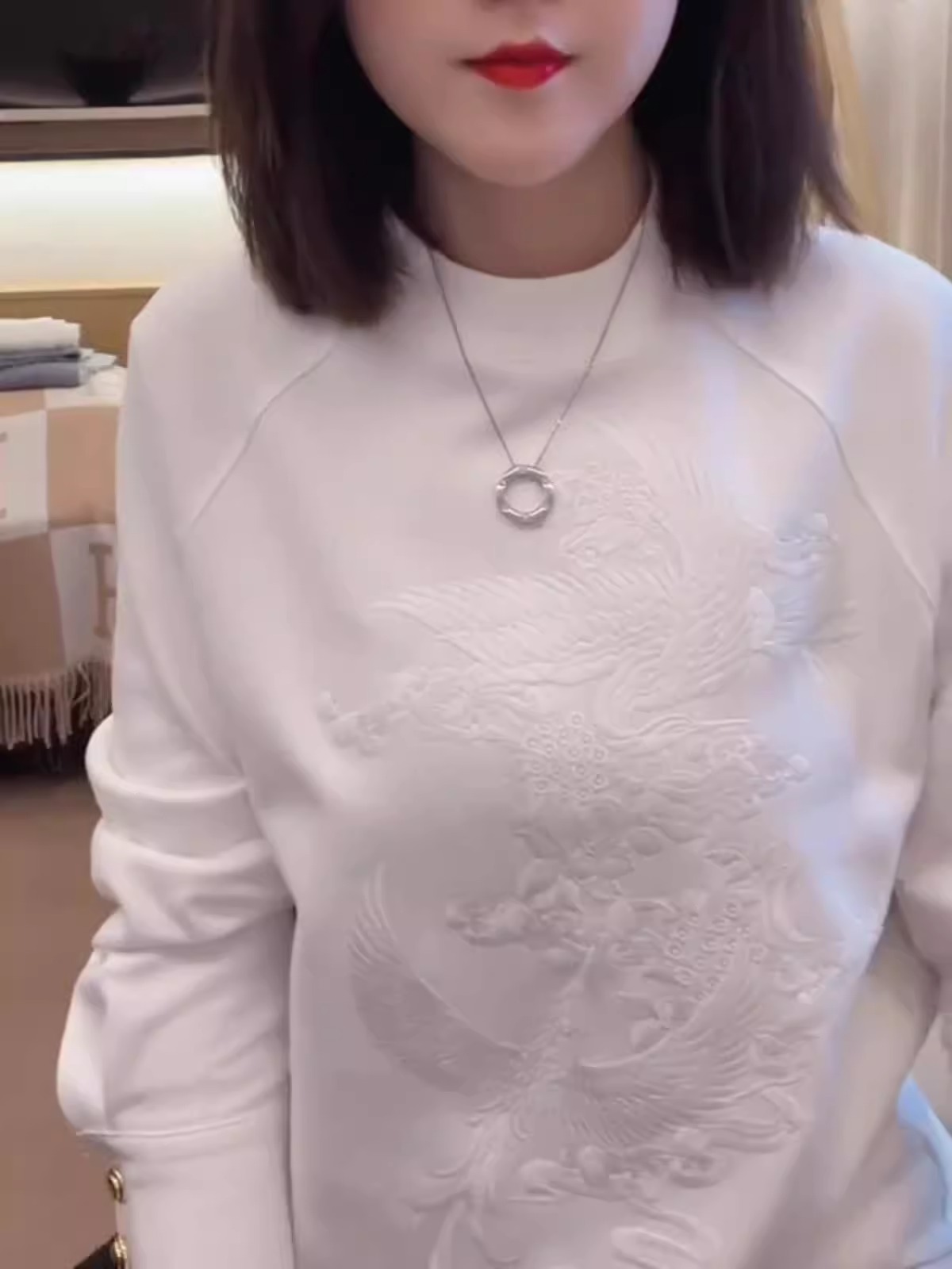 長袖白色衛衣女2024春季新款龍鳳呈祥國風刺繡寬鬆圓領中長款上衣