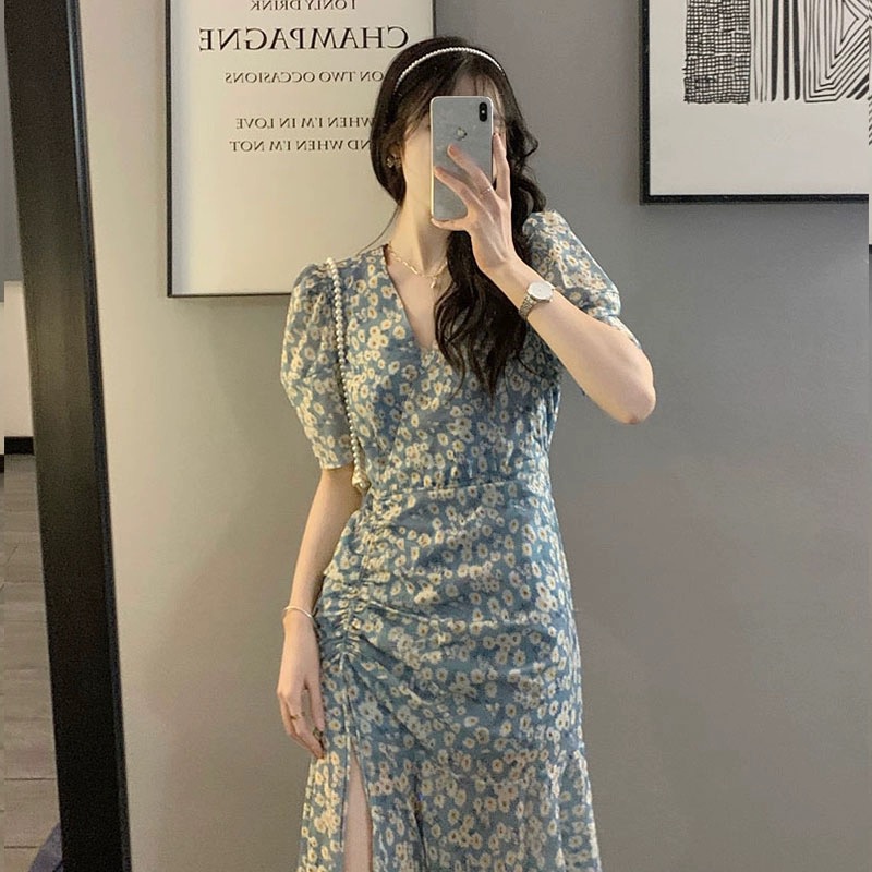 新款春茶歇法式復古高級感小雛菊碎花連衣裙氣質小裙子女夏