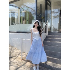 批发实价实拍 吊带小背心女<b class='q'>夏</b>季甜辣妹修身上衣+蓝色格子半身裙套装