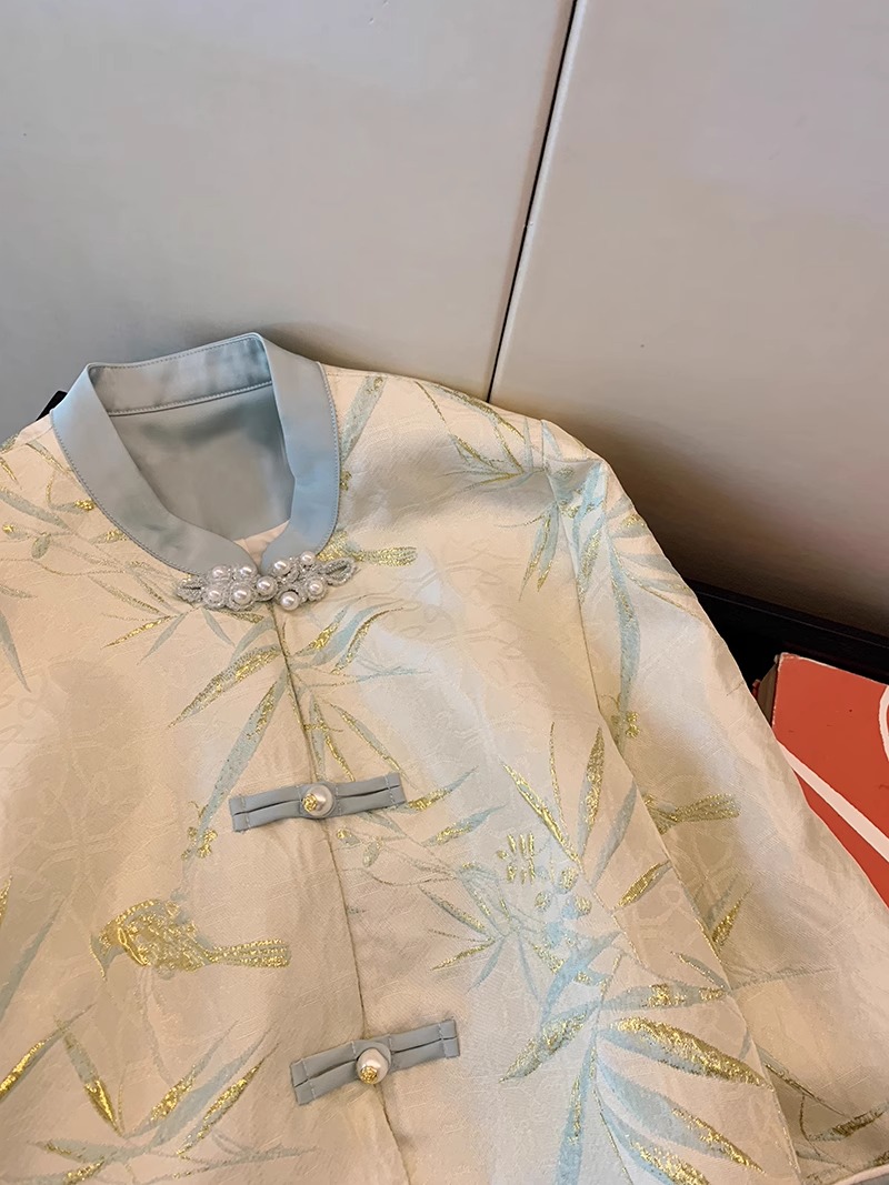 新中式國風燙金印花盤扣襯衫女2024春秋新款溫柔復古改良旗袍外套