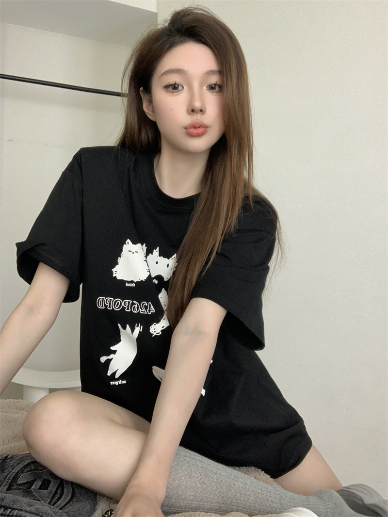 실사 정가 봄 여름 달콤함 귀여운 연령 감소 루즈핏 만화 고양이 프린트 어깨 패드 반팔 티셔츠 여성 셔츠 트렌디
