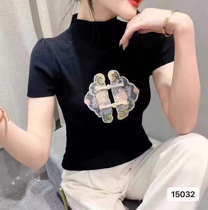 2024夏季新款中式國風半高領精美刺繡短袖上衣女