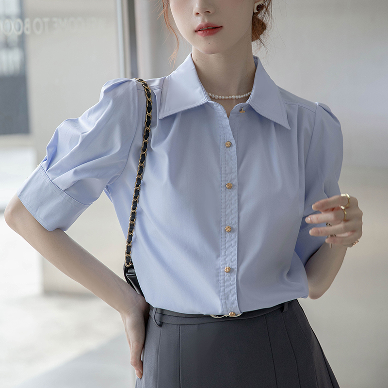 Actual shot of the new 2024 summer French puff sleeve white shirt women's interview formal wear professional commuting short-sleeved top
