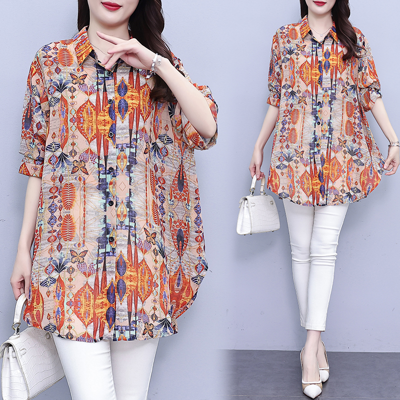 BY9189#花色宽松中长款衬衫女士夏季薄款复古印花开衫女