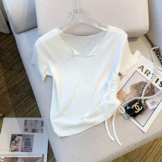 批发实拍 大货 2026夏季高腰短款辣妹短袖T恤女抽绳<b class='q'>修身</b>V领<b class='q'>打底衫</b>上衣