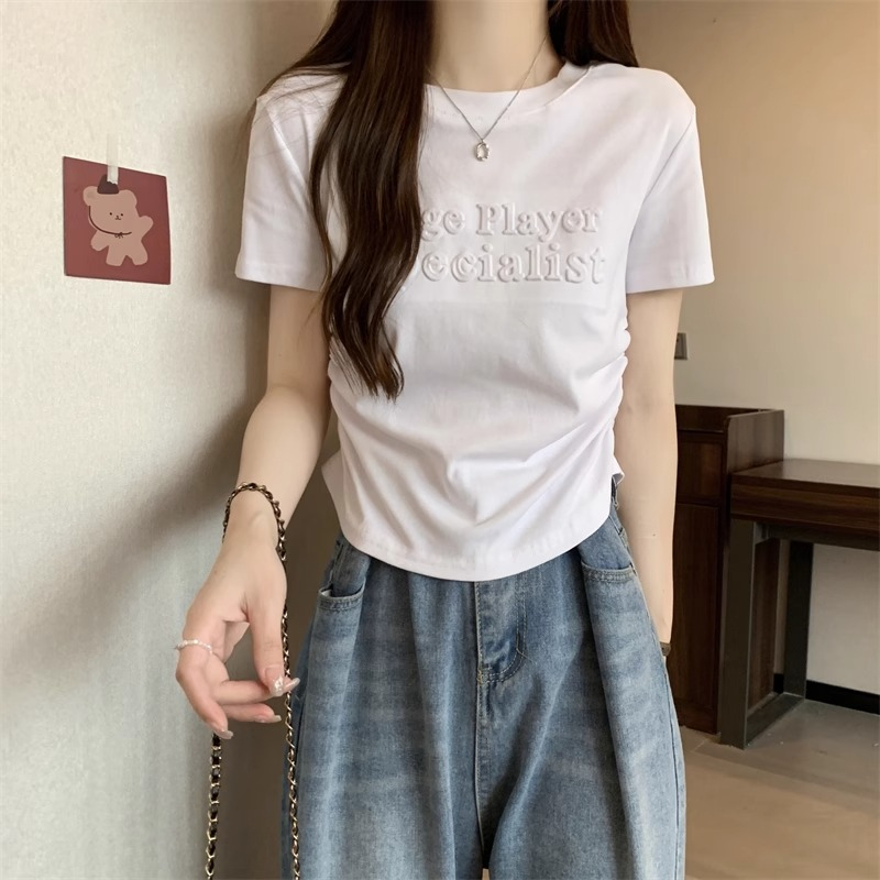 Burgundy short-sleeved T-shirt for women summer 2024 new design pleated slim waist short irregular top