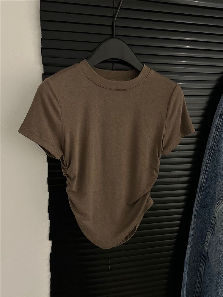 Irregular shoulder short-sleeved T-shirt for women summer 2024 new design niche bottoming shirt pure cotton slim fit top