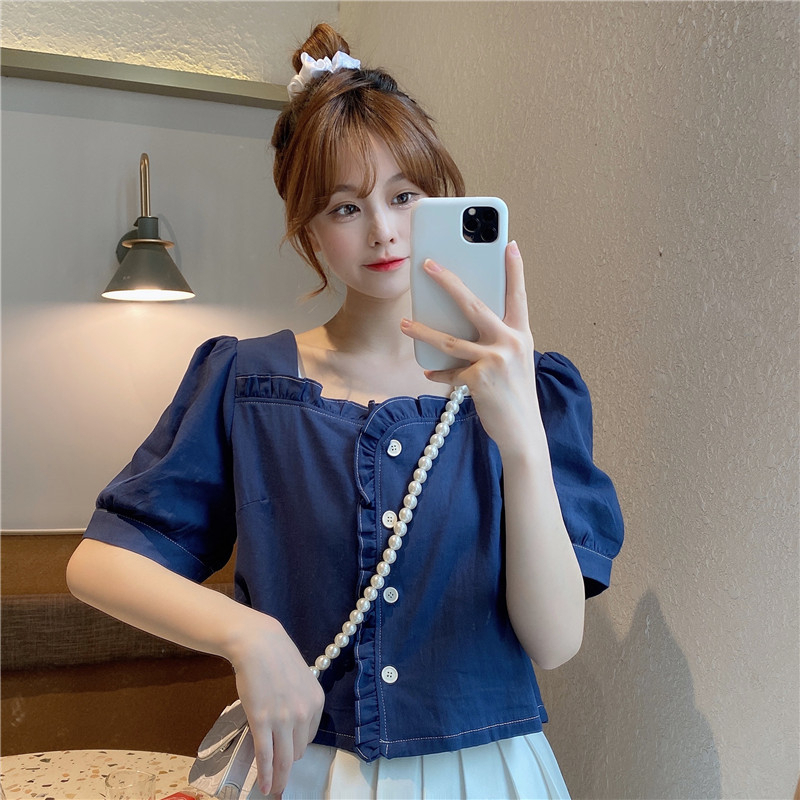 Original workmanship, square collar, women's short-sleeved summer sweet temperament, puff-sleeved short top with niche design