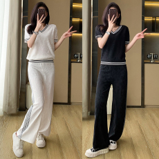 批发欧洲站休闲<b class='q'>运动</b>套装夏季新款气质高级感轻奢炸街针织阔腿裤两件套