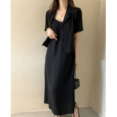 批发韩国chic春夏新品简约短袖<b class='q'>西服</b>外套+吊带连衣裙长裙<b class='q'>两件套</b>装