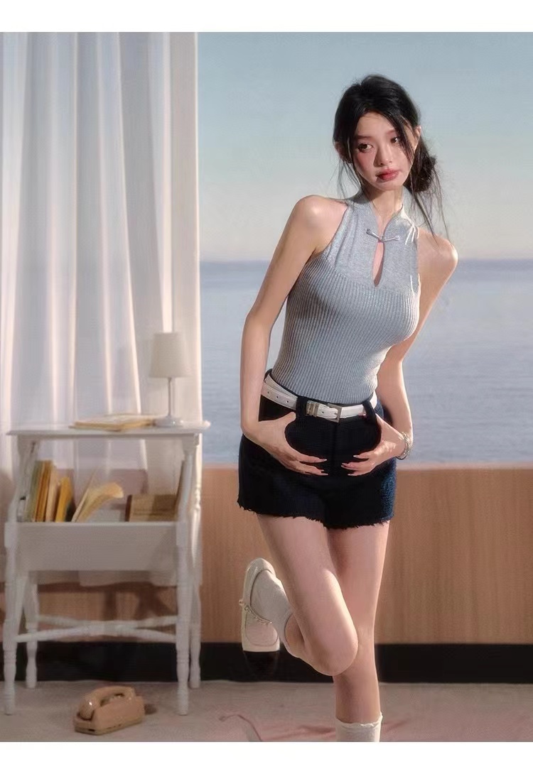 韓國夏季東方美學 新中式千金立領盤口小背心修身針織衫上衣