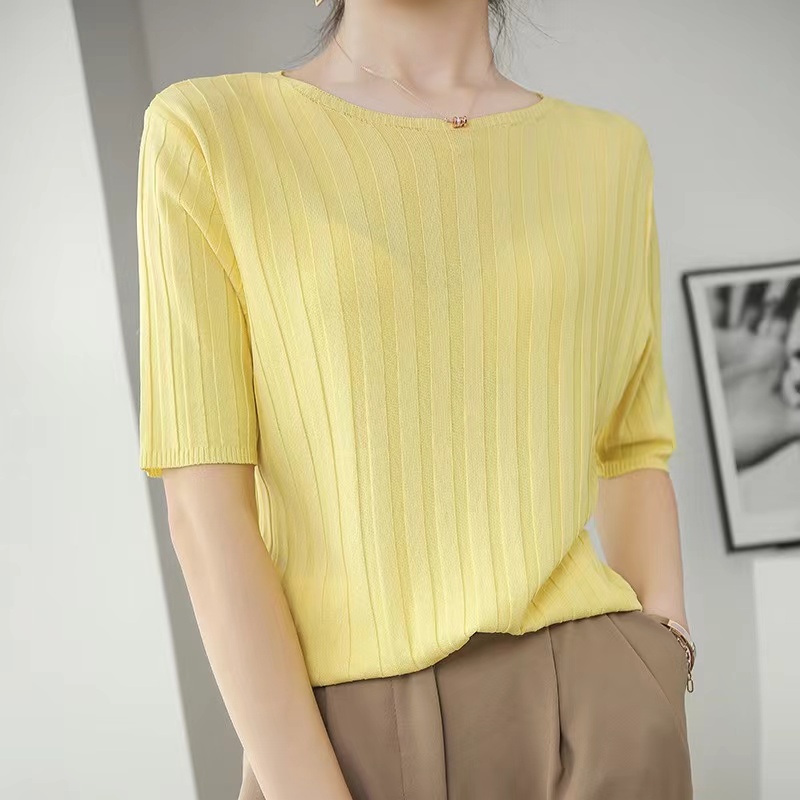 2024春夏新款冰絲圓領短袖薄款T恤女士寬鬆韓版針織半袖純色百搭