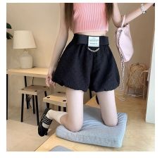 批发缎带链条装饰送检高腰灯笼阔腿裤女夏装韩版显瘦白色A字短热裤潮