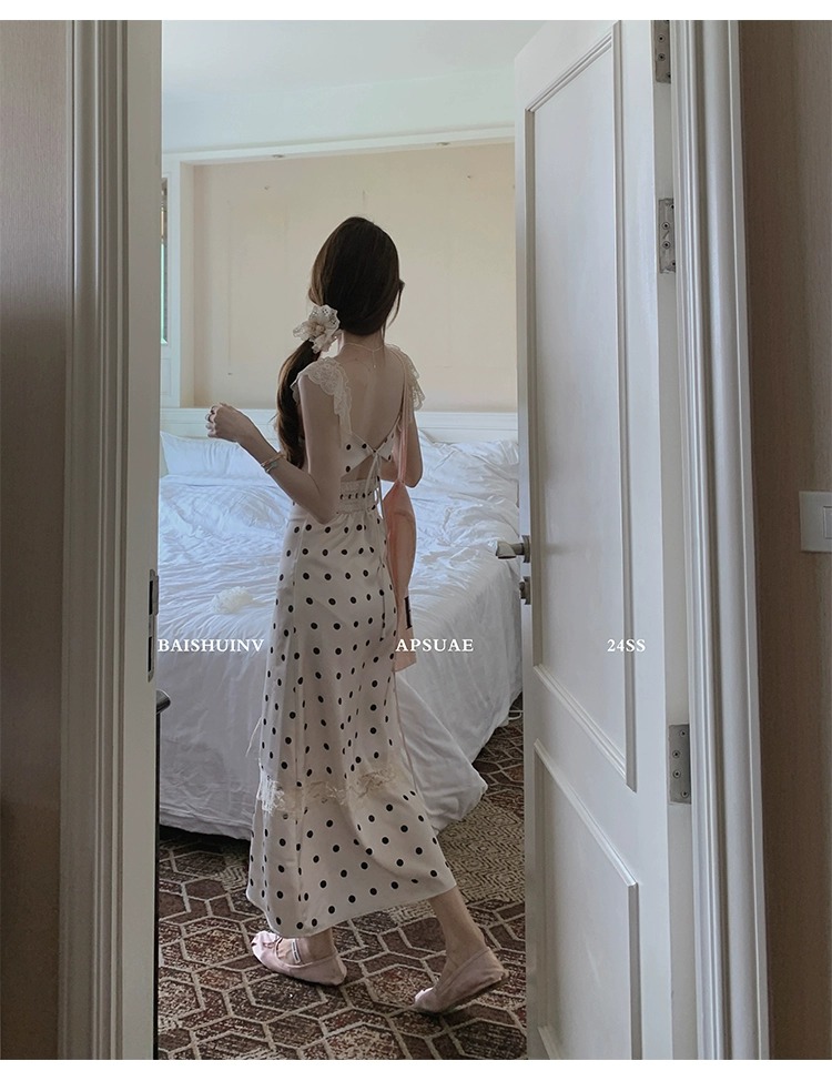 白水女浪漫姐姐~波點吊帶連衣裙女圓領露背拼接收腰顯瘦裙子