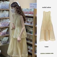 批发法式少女感2025夏季新款<b class='q'>双层</b>裙摆简约<b class='q'>背心</b>裙温柔风连衣裙女夏