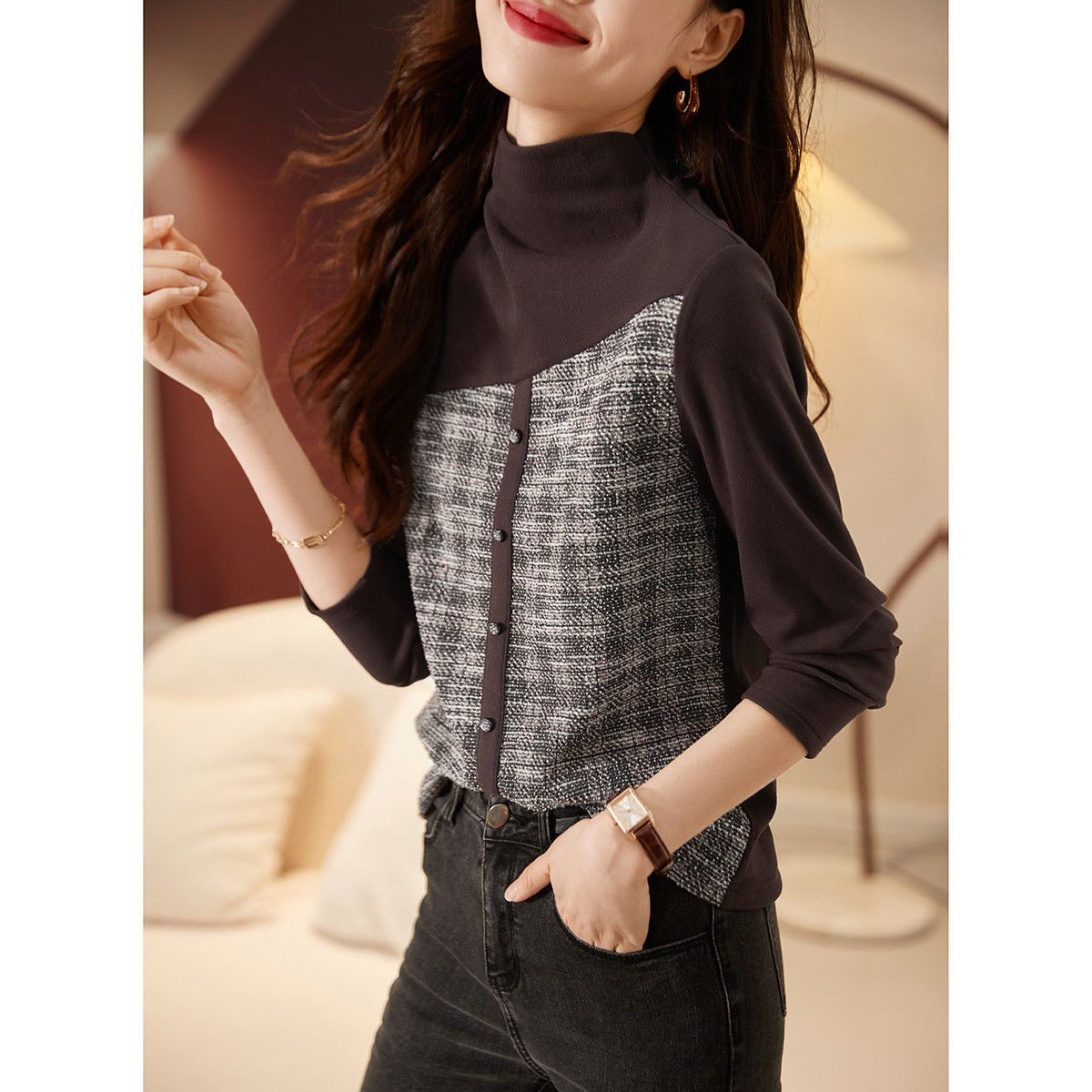 Original workmanship half turtleneck long-sleeved T-shirt for women 2024 spring retro casual bottoming shirt with temperament inner top