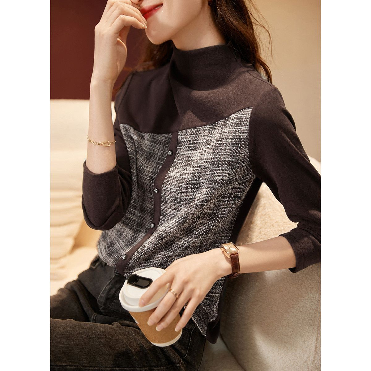 Original workmanship half turtleneck long-sleeved T-shirt for women 2024 spring retro casual bottoming shirt with temperament inner top