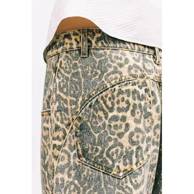 TRINITE*Leopard Jeans 豹纹印花水洗做旧阔腿牛仔长裤