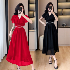 批发实拍大码女装夏季雪纺腰身珍珠装饰显瘦简约中长裙<b class='q'>连衣裙</b>短袖