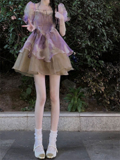 原版做法紫色蓬蓬裙连衣裙夏季扎染碎花泡泡袖公主裙仙女短裙