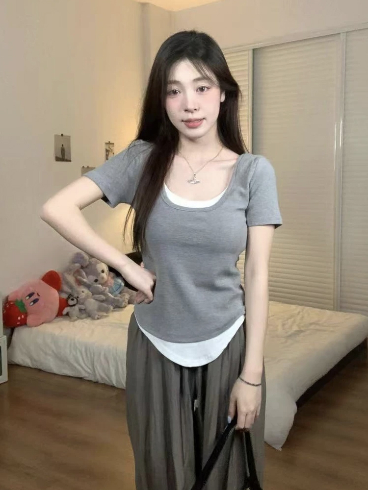 Spot fake two-piece fashionable splicing U-neck short-sleeved T-shirt for women Hong Kong style irregular T-shirt