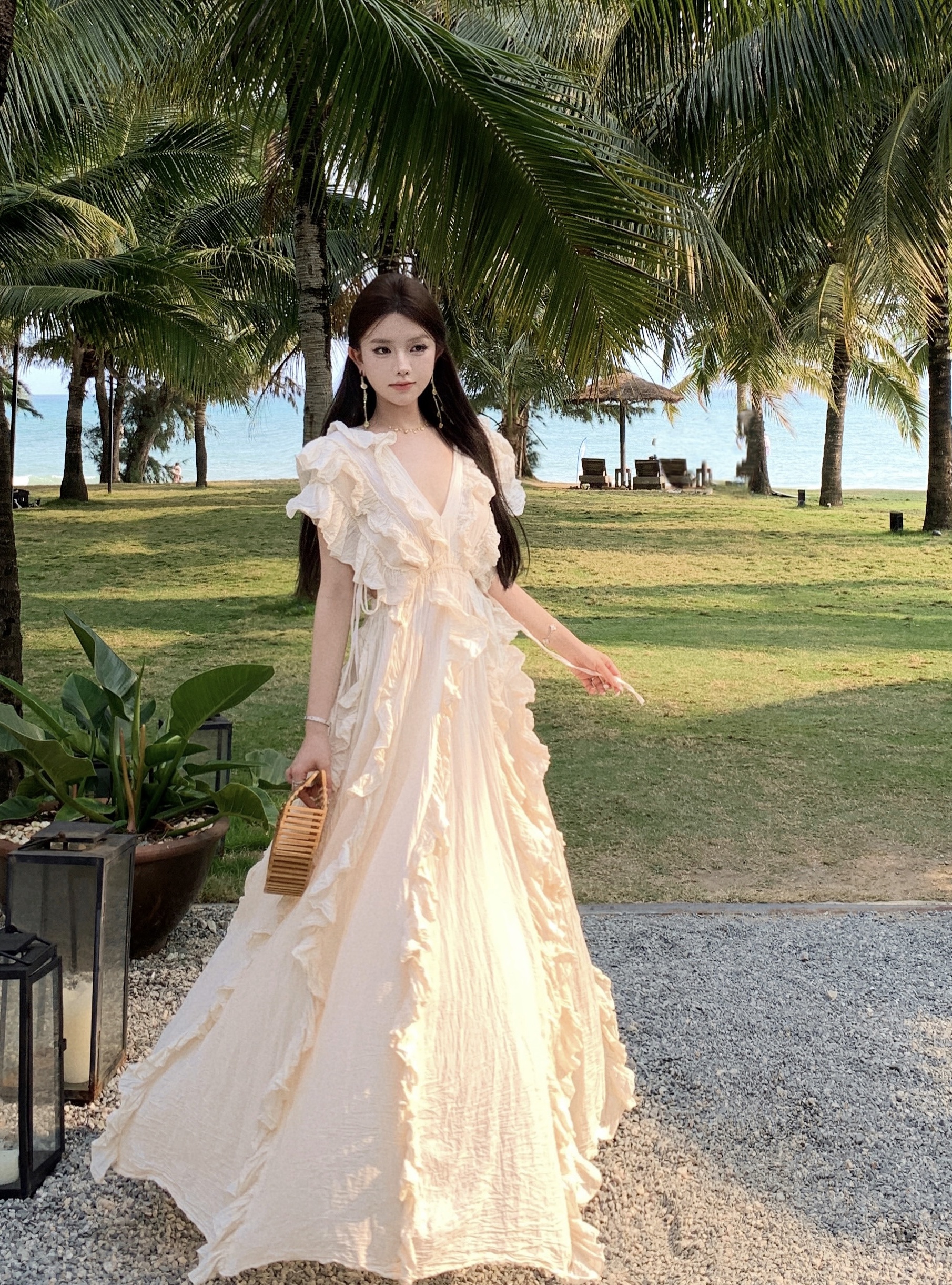정가 실사 프랑스식 낭만주의 새로운 V넥 프릴 해변가 휴가 바람 치마