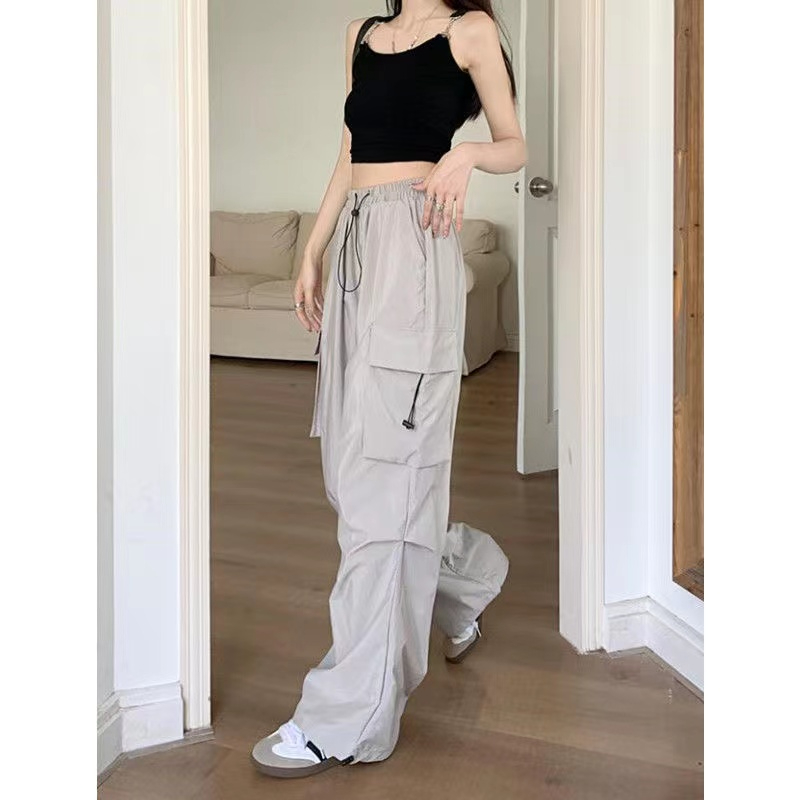 American hot girl overalls, women's drawstring casual pants, summer drapey loose straight wide-leg pants, floor-length long pants, trendy